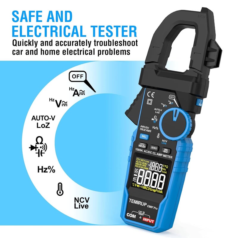 Temirup Inrush Digital Clamp Meter Multimeter - T-RMS 6000 Counts 1000A Amp Voltage Tester with VFD, LOZ, Measures NCV, AC/DC Voltage Current, Continuity Capacitance Frequency Resistance, Temperature - Image 3